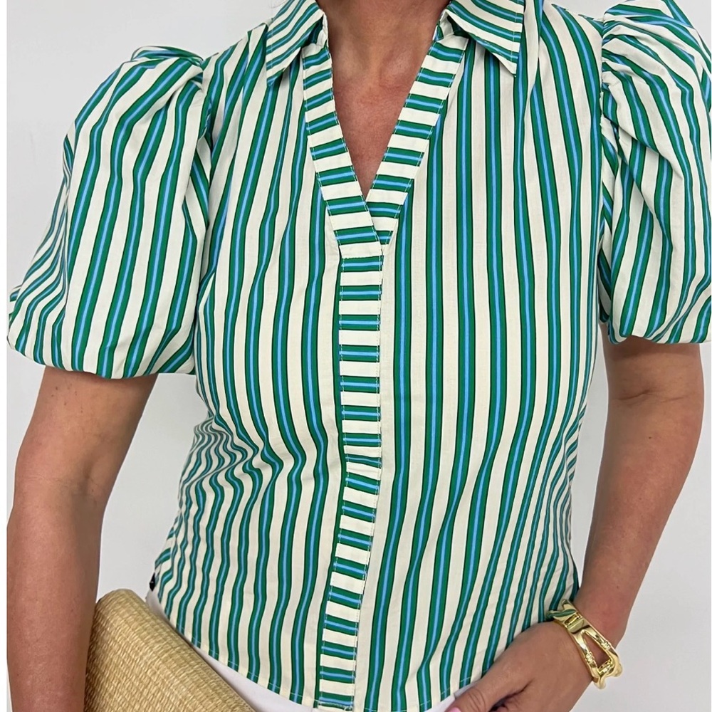 Pinch Green and White Striped Blouse with Puff Sleeves